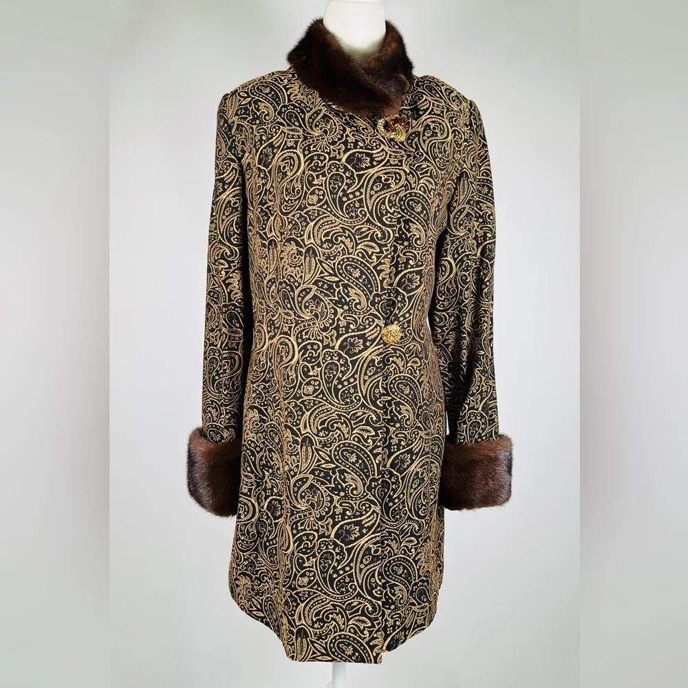 LILLY & TAYLOR NY PARIS brocade genuine mink color and cuffs coat jacket - Picture 3 of 10